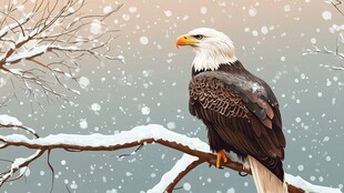 雪中白头鹰栖于覆雪树枝