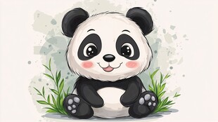 可爱熊猫坐于绿植旁