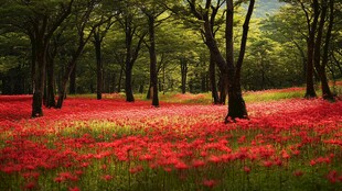 红花朵朵开在林间