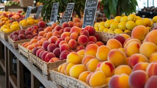 缤纷鲜桃摆满水果摊位