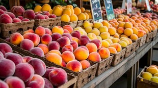 水果摊上多彩诱人的桃子