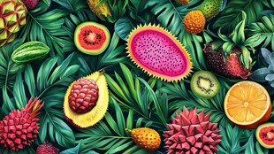 缤纷热带水果与绿叶图景