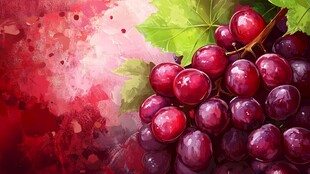 水彩风紫红葡萄与绿叶