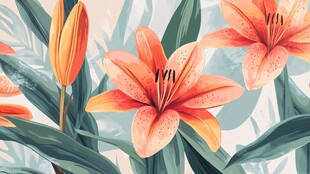 橙色百合花与绿叶插画