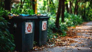 林间垃圾桶及散落垃圾