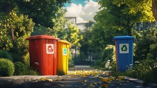 街道旁的多彩分类垃圾桶