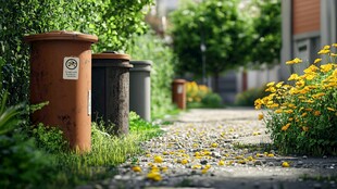 街道边的多彩垃圾桶与花卉