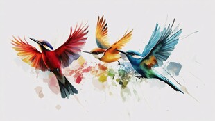 彩色飞鸟展翅水彩艺术图