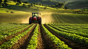 田野中拖拉机耕耘的美景