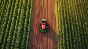 空中俯瞰农田里的拖拉机