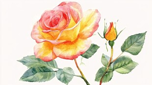 水彩绘双色玫瑰与花蕾