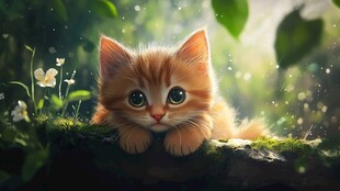 萌趣小橘猫趴卧绿植间