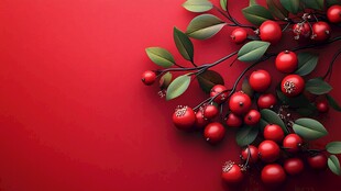 红底上的红果绿叶静物