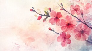 水彩绘就的烂漫粉色花枝