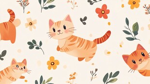 可爱猫咪与花卉图案背景
