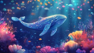 梦幻海底的蓝鲸与缤纷珊瑚