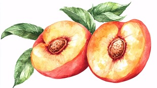 水彩绘鲜桃与绿叶