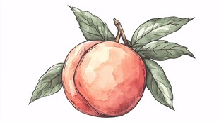 手绘鲜桃配绿叶