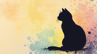 水彩背景中的黑猫剪影