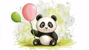 可爱熊猫手持气球坐草地