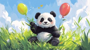 熊猫持气球于绿野蓝天间
