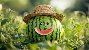 草帽西瓜在田园的可爱模样