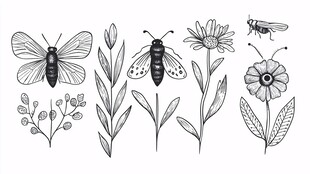 手绘花卉昆虫插画元素