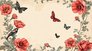 复古花卉间的蝶鸟共舞