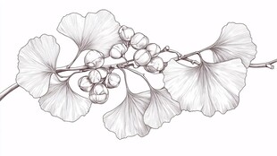 银杏枝叶果实线描图