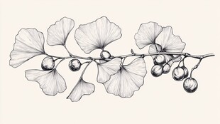 银杏枝叶果实精致素描图