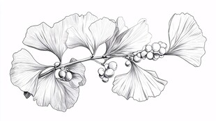银杏枝叶手绘黑白插画