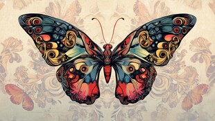 复古花纹背景上的绚丽蝴蝶