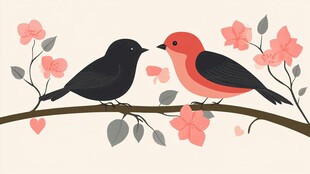 枝头双鸟亲昵图