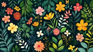缤纷花卉绿叶装饰插画