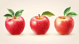 三颗红苹果带绿叶特写