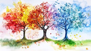 多彩秋树水彩绘美景