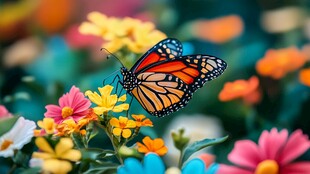 彩蝶停驻缤纷花丛间