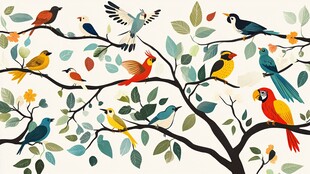 枝头群鸟绘就多彩图景