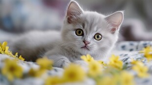 银渐层小猫卧于黄花间