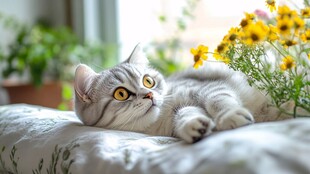 银渐层猫咪慵懒躺于花丛