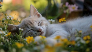 睡在花丛中的可爱小猫咪