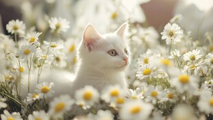 白猫卧于雏菊丛中