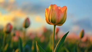 夕阳下的单株橙色郁金香