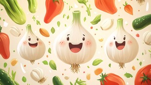 可爱大蒜与多彩蔬菜插画