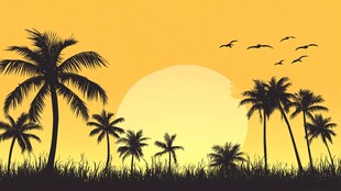 夕阳下的椰林剪影美景