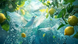 飞鸟穿梭于柠檬绿植间