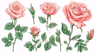 手绘粉色玫瑰花朵与枝叶
