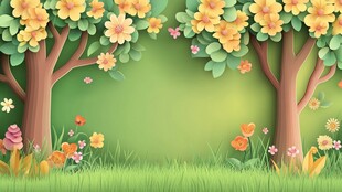 春日烂漫花丛绿树背景图