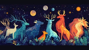 梦幻森林中的多彩鹿群