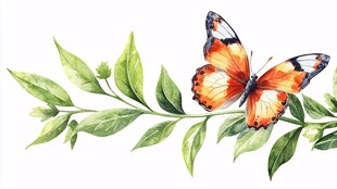 蝴蝶栖于绿叶水彩画